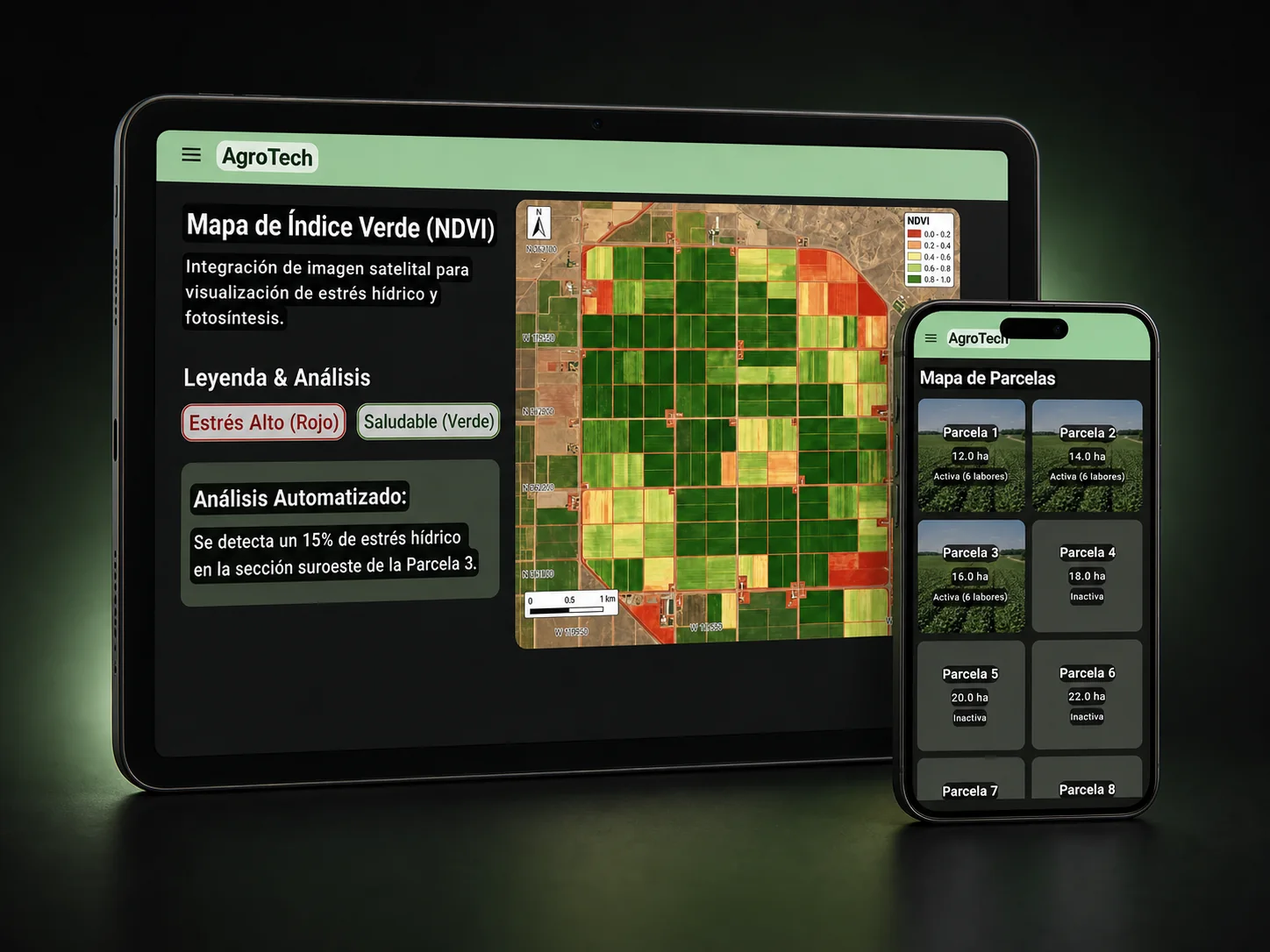 AgroTech en tablet y teléfono, con monitoreo de parcelas e índice verde