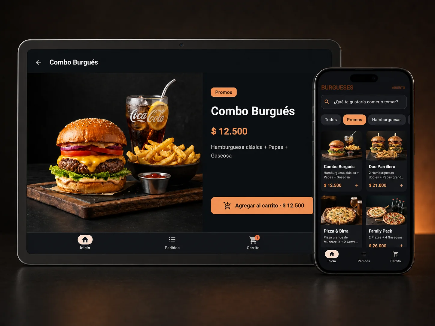 Burgueses en tablet y teléfono, con catálogo y pedidos de comida