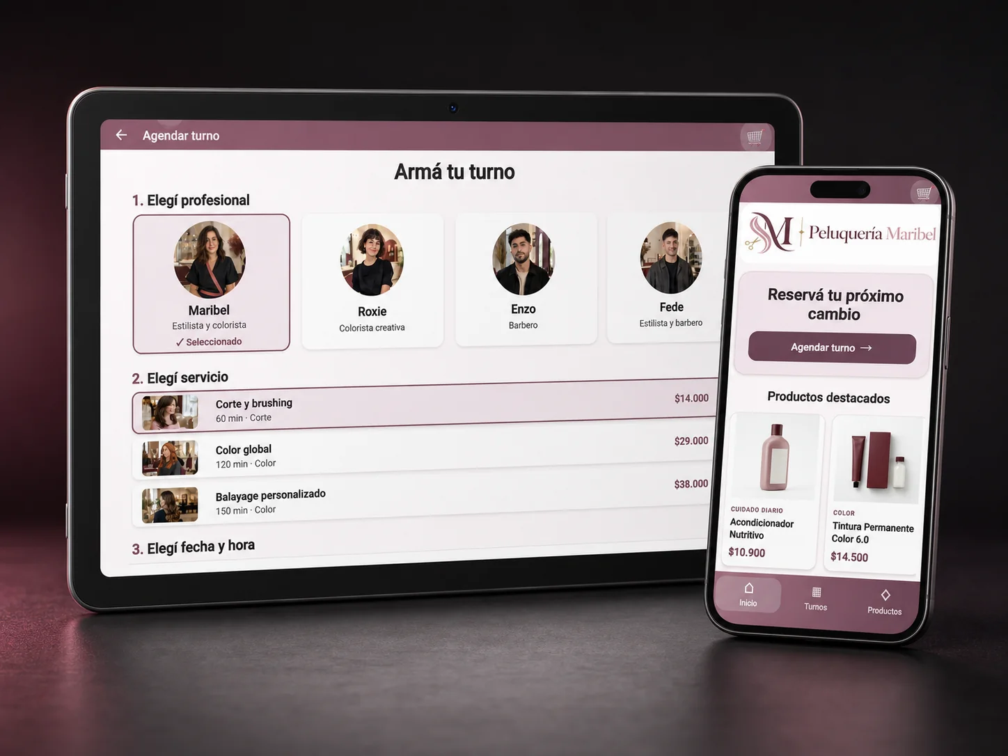Peluquería Maribel en tablet y teléfono, con turnos y productos